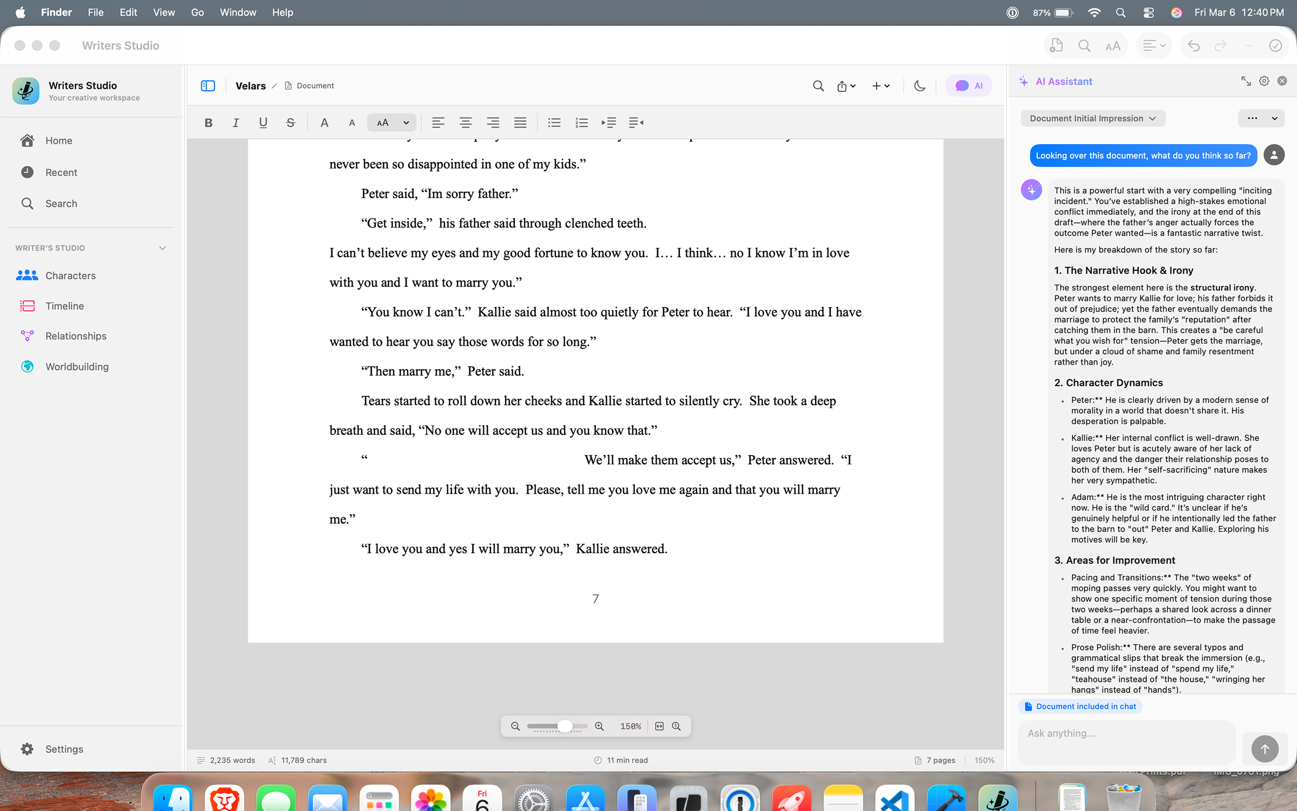 Writers Studio document editor with an AI assistant panel responding to a manuscript question.