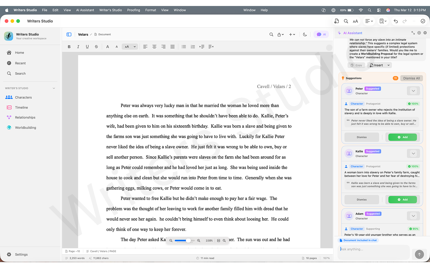 Writers Studio suggesting extracted character entities from manuscript text in the AI assistant panel.
