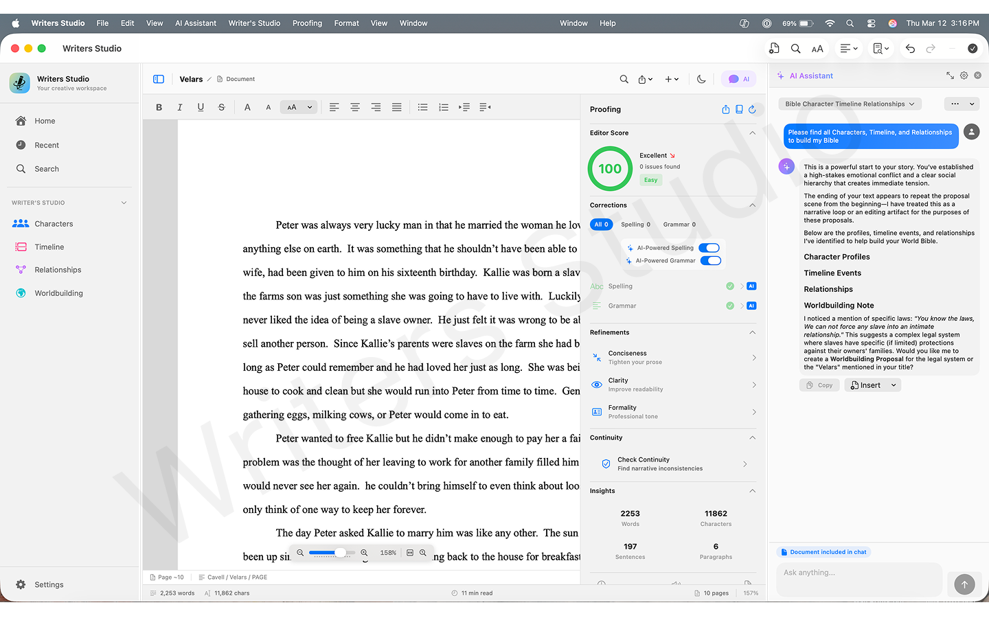 Writers Studio proofing view showing manuscript text, a proofing score, and AI continuity analysis.