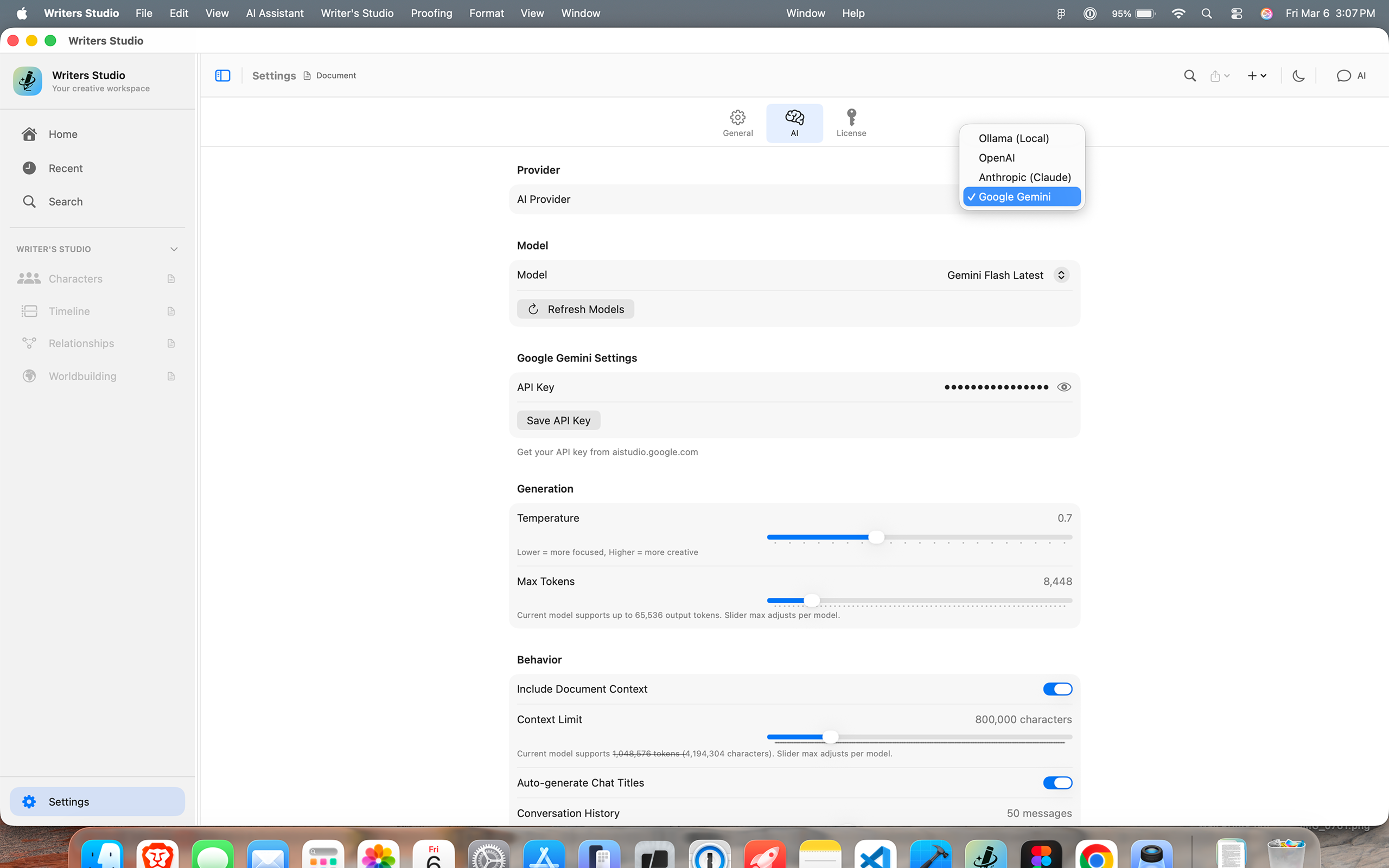 Writers Studio AI settings with provider selection, model controls, API key entry, and context options.
